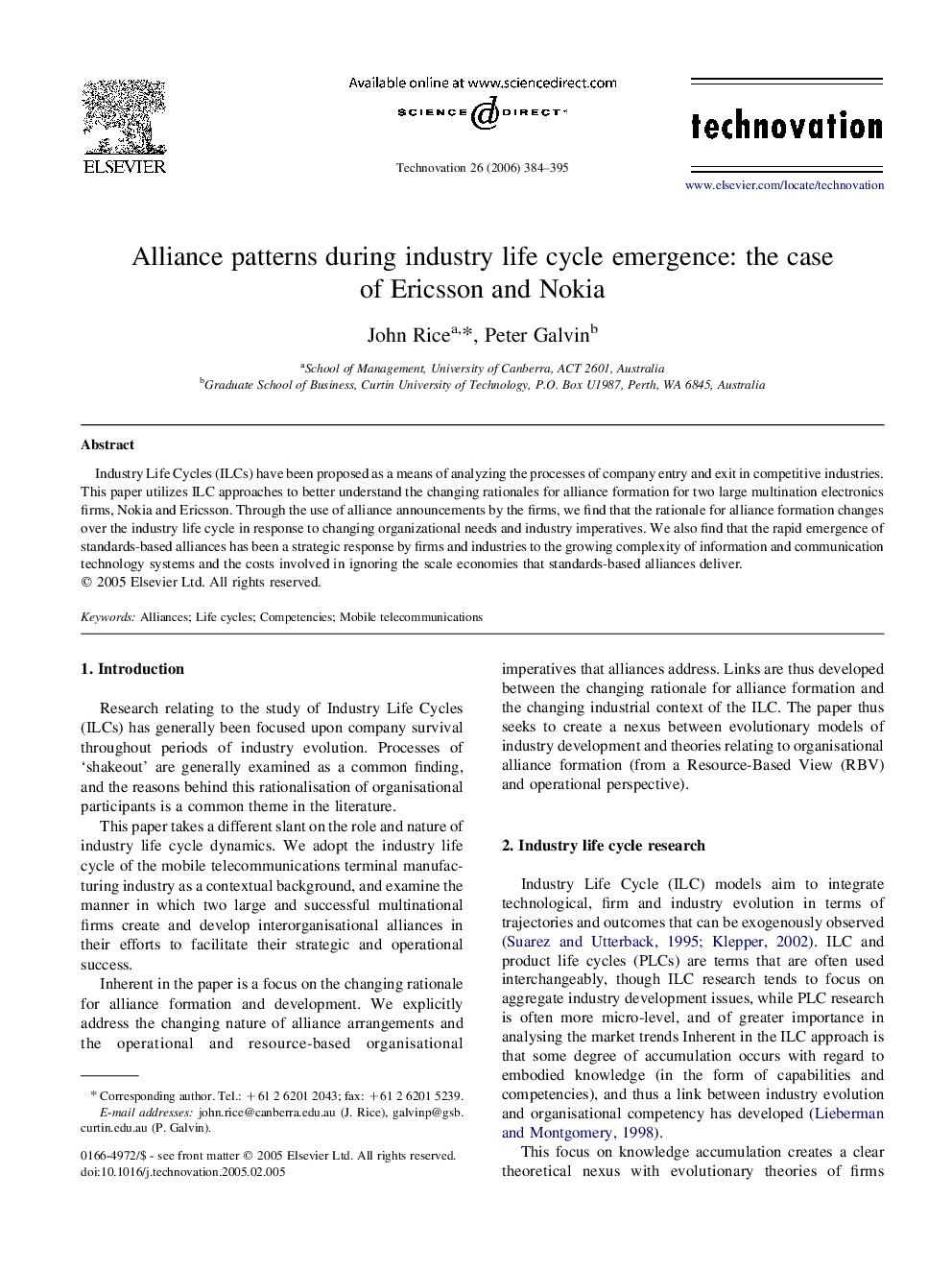 Alliance patterns during industry life cycle emergence: the case of Ericsson and Nokia