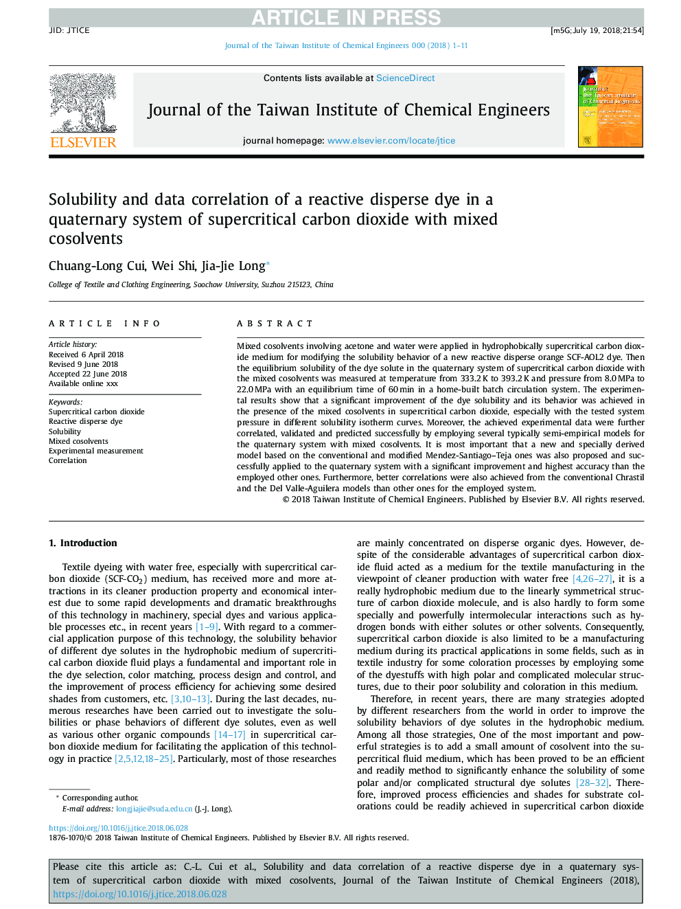 Solubility and data correlation of a reactive disperse dye in a quaternary system of supercritical carbon dioxide with mixed cosolvents