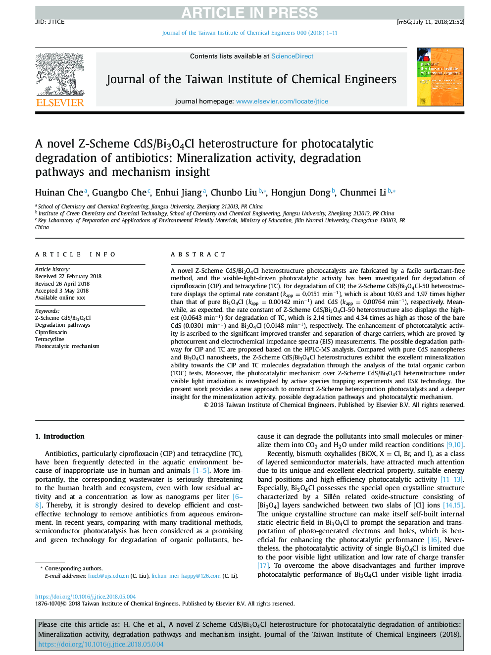 A novel Z-Scheme CdS/Bi3O4Cl heterostructure for photocatalytic degradation of antibiotics: Mineralization activity, degradation pathways and mechanism insight
