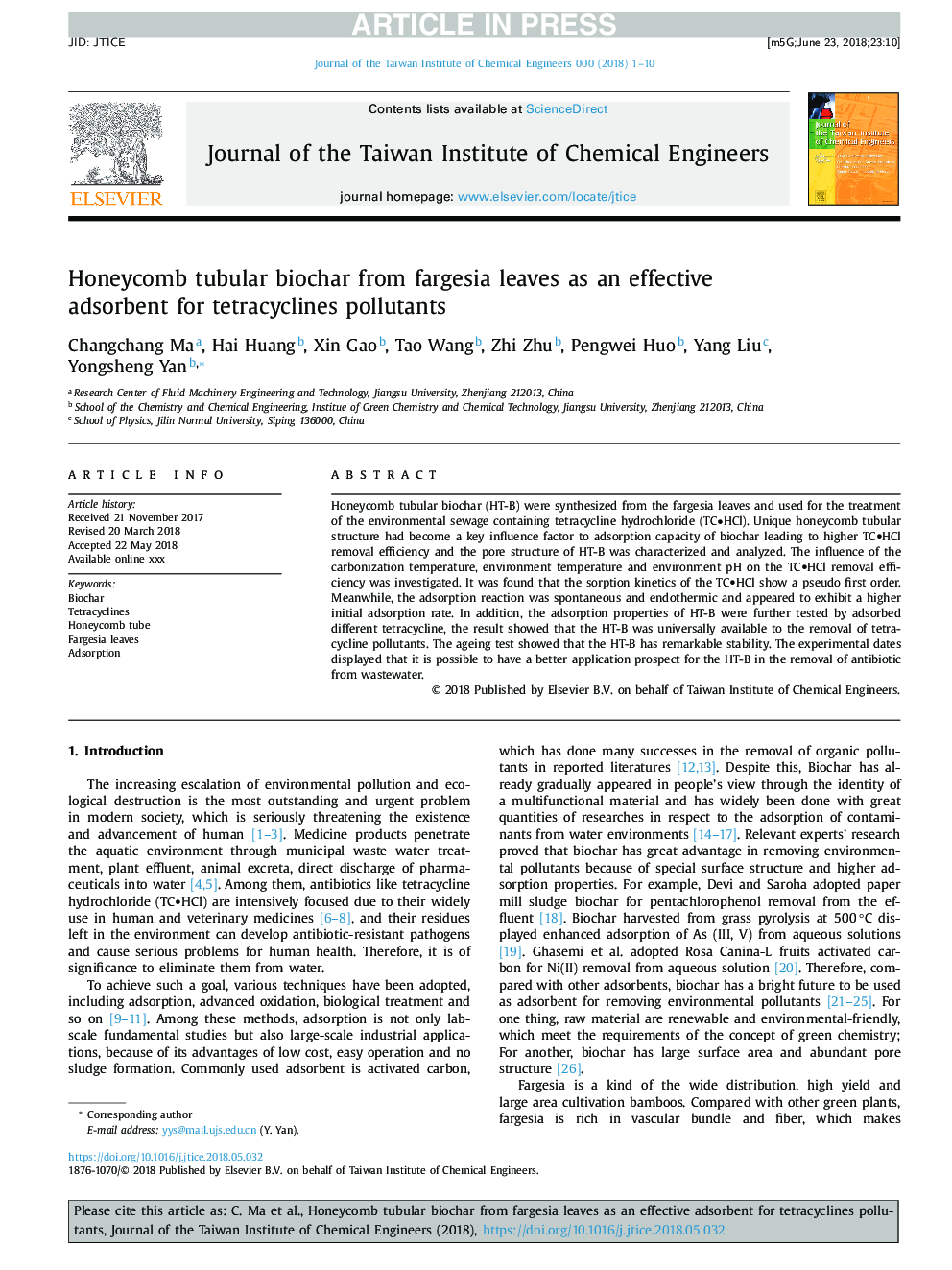 Honeycomb tubular biochar from fargesia leaves as an effective adsorbent for tetracyclines pollutants