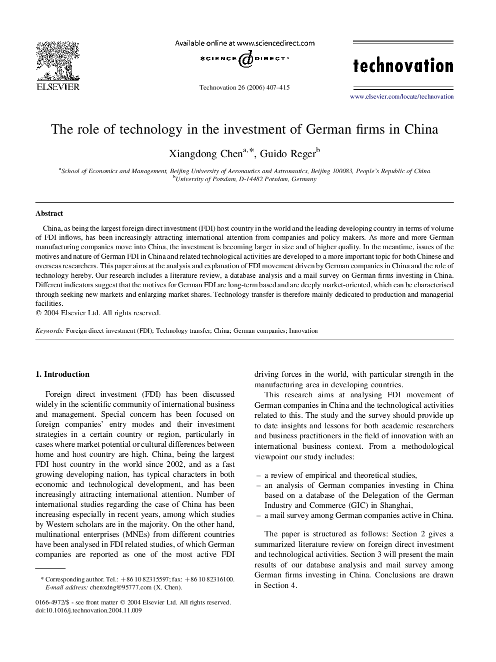 The role of technology in the investment of German firms in China