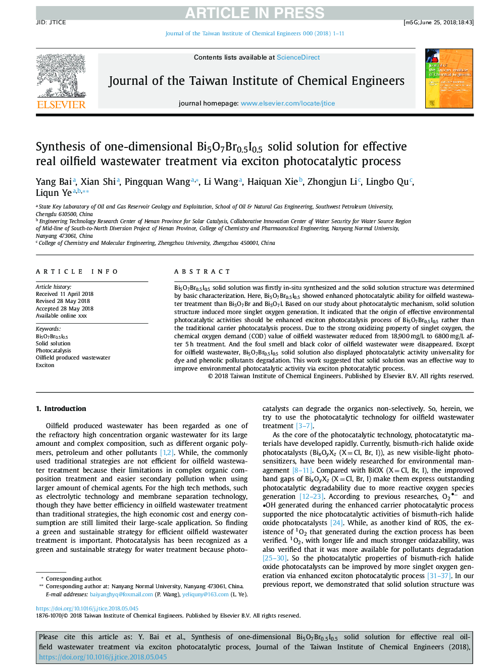 Synthesis of one-dimensional Bi5O7Br0.5I0.5 solid solution for effective real oilfield wastewater treatment via exciton photocatalytic process