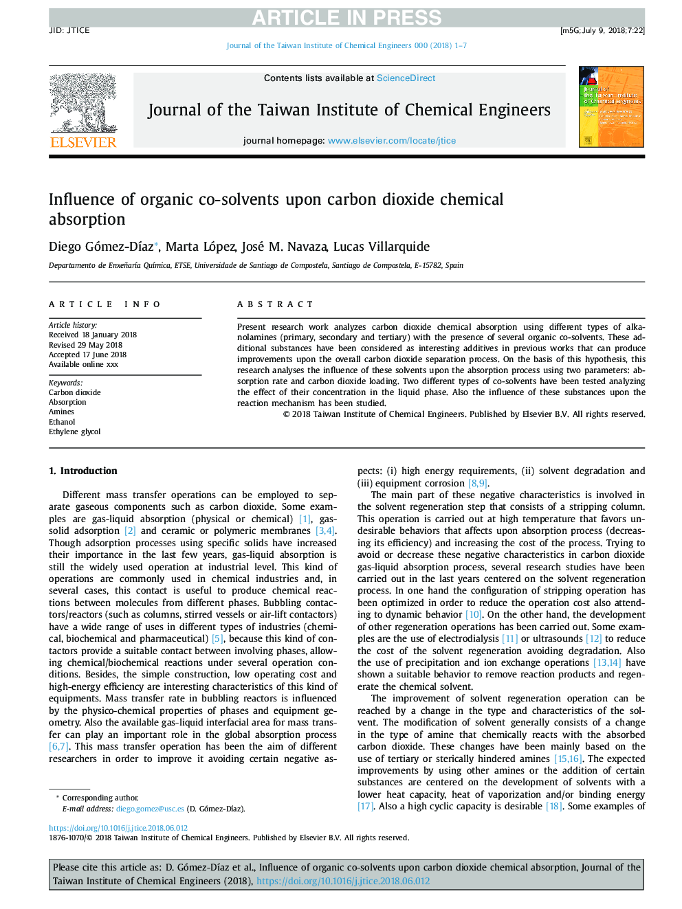 Influence of organic co-solvents upon carbon dioxide chemical absorption