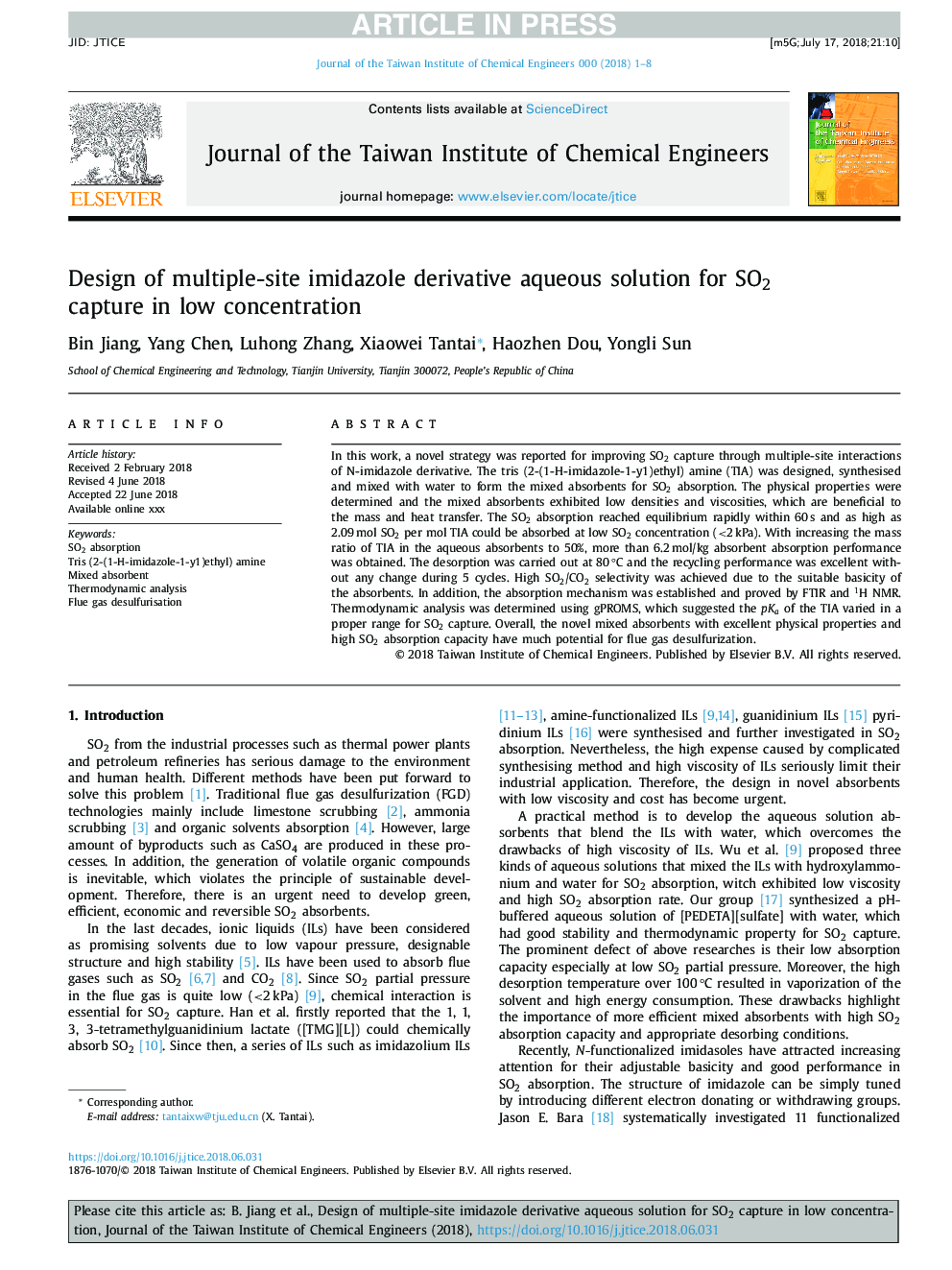 Design of multiple-site imidazole derivative aqueous solution for SO2 capture in low concentration