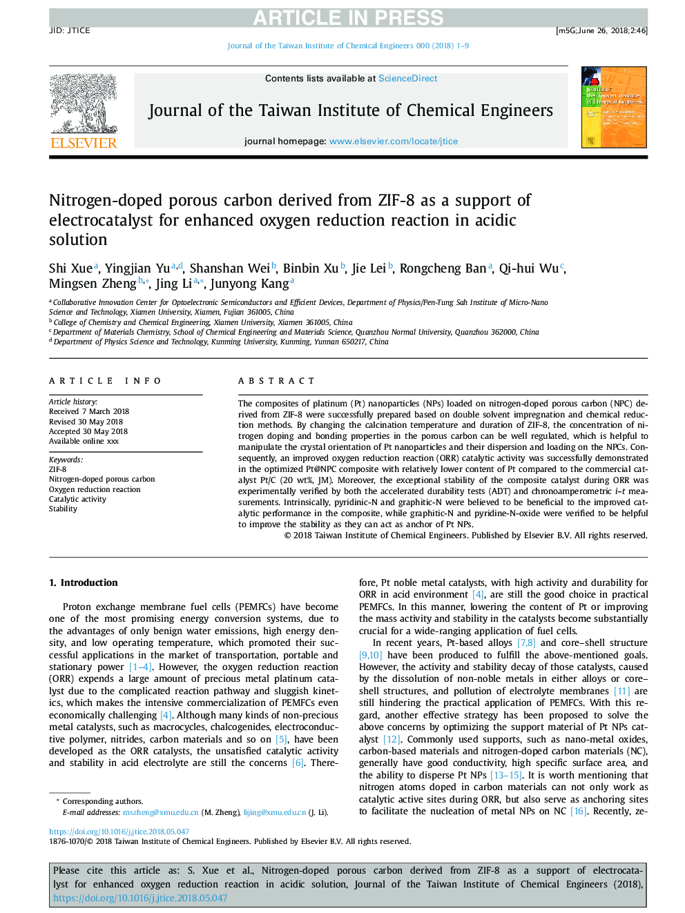 Nitrogen-doped porous carbon derived from ZIF-8 as a support of electrocatalyst for enhanced oxygen reduction reaction in acidic solution