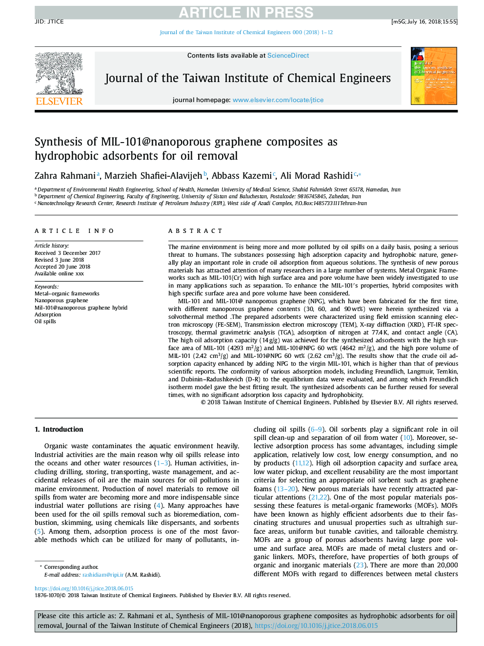 Synthesis ofÂ MIL-101@nanoporousÂ graphene composites as hydrophobic adsorbents for oil removal