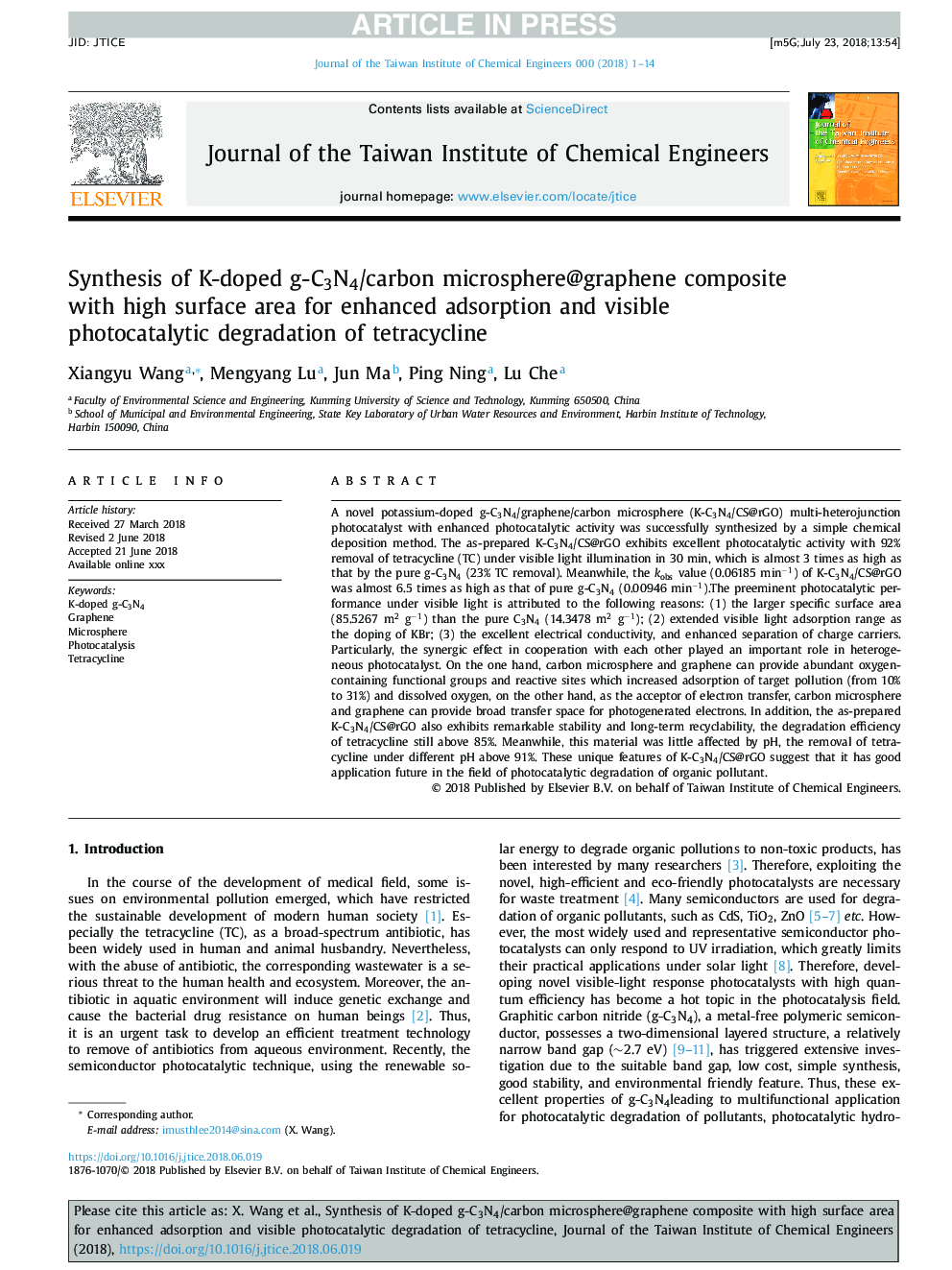 Synthesis of K-doped g-C3N4/carbon microsphere@graphene composite with high surface area for enhanced adsorption and visible photocatalytic degradation of tetracycline