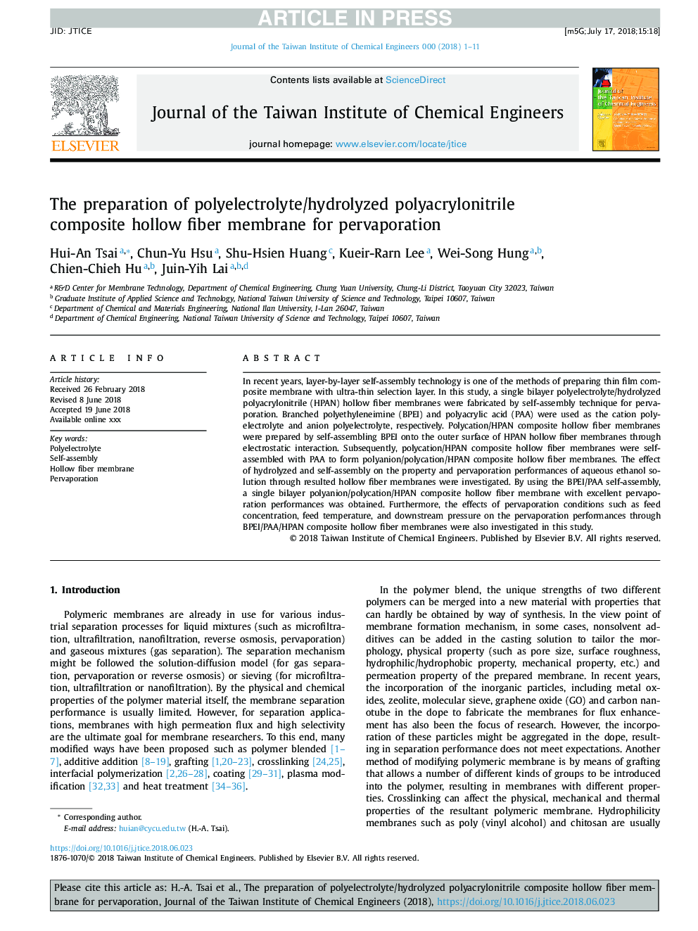 The preparation of polyelectrolyte/hydrolyzed polyacrylonitrile composite hollow fiber membrane for pervaporation