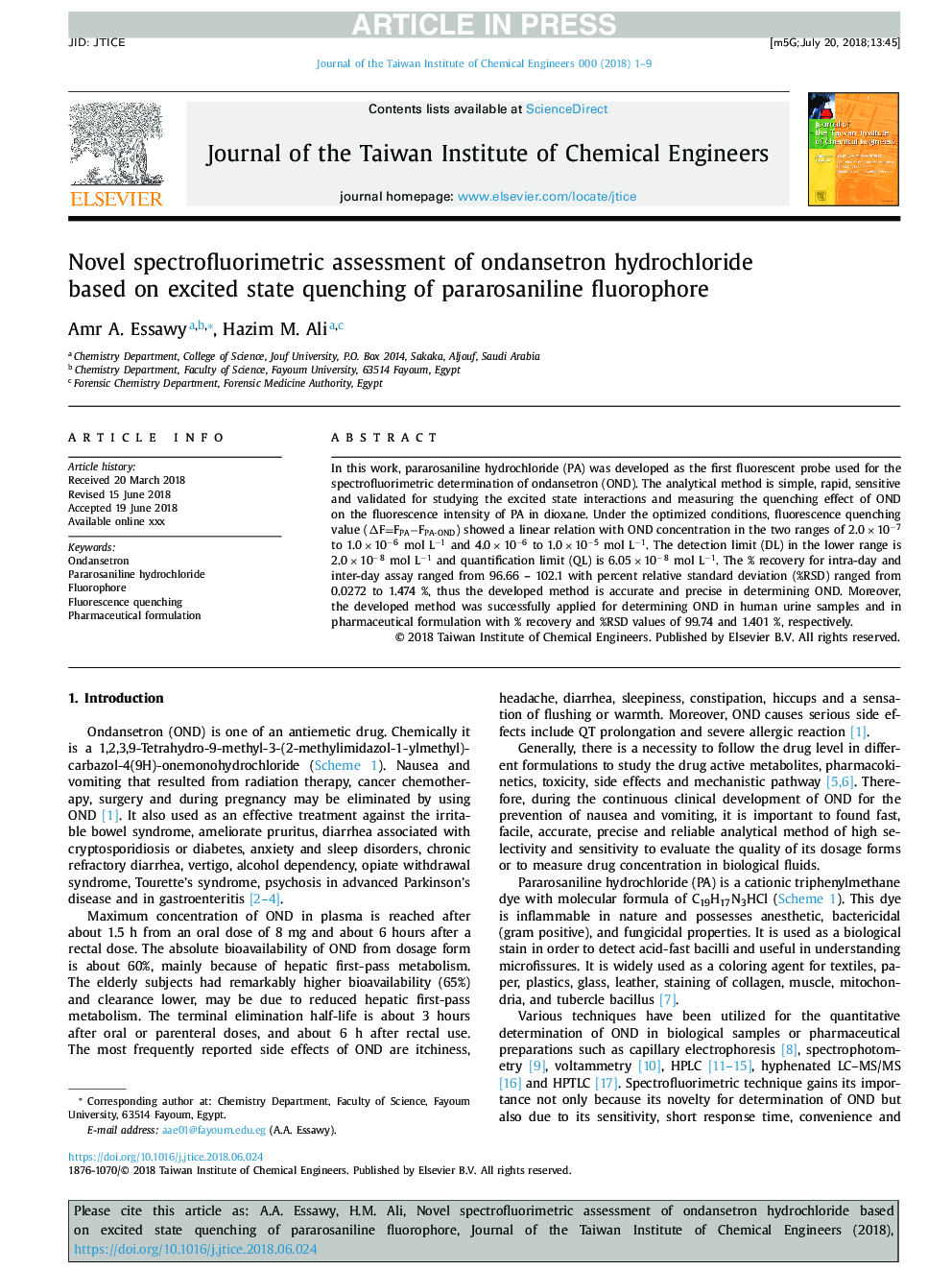 Novel spectrofluorimetric assessment of ondansetron hydrochloride based on excited state quenching of pararosaniline fluorophore