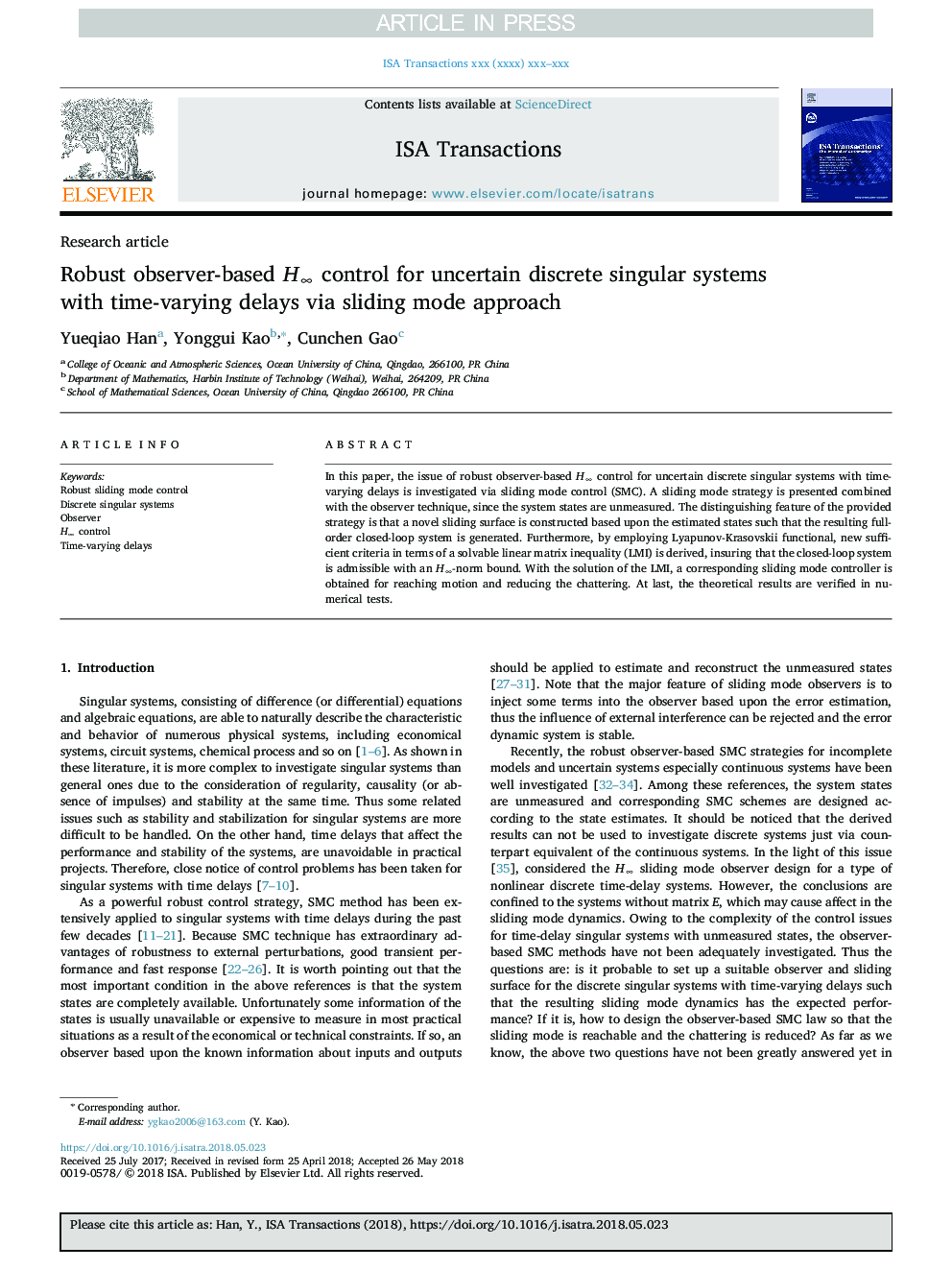 Robust observer-based Hâ control for uncertain discrete singular systems with time-varying delays via sliding mode approach