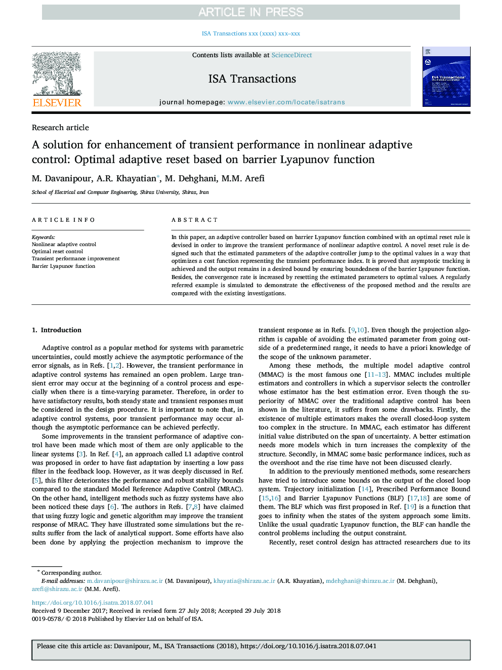 A solution for enhancement of transient performance in nonlinear adaptive control: Optimal adaptive reset based on barrier Lyapunov function