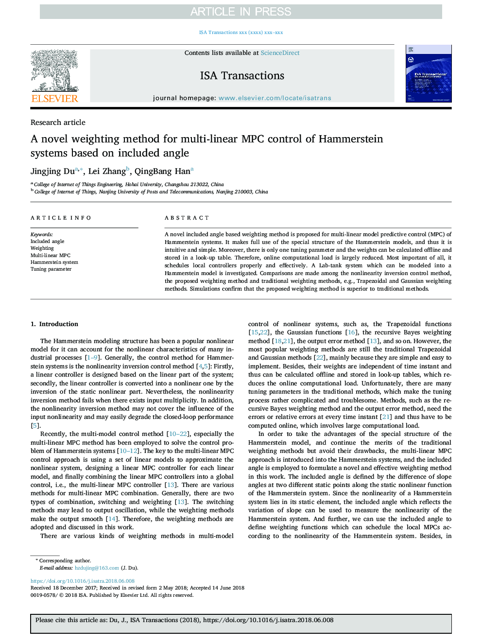 A novel weighting method for multi-linear MPC control of Hammerstein systems based on included angle