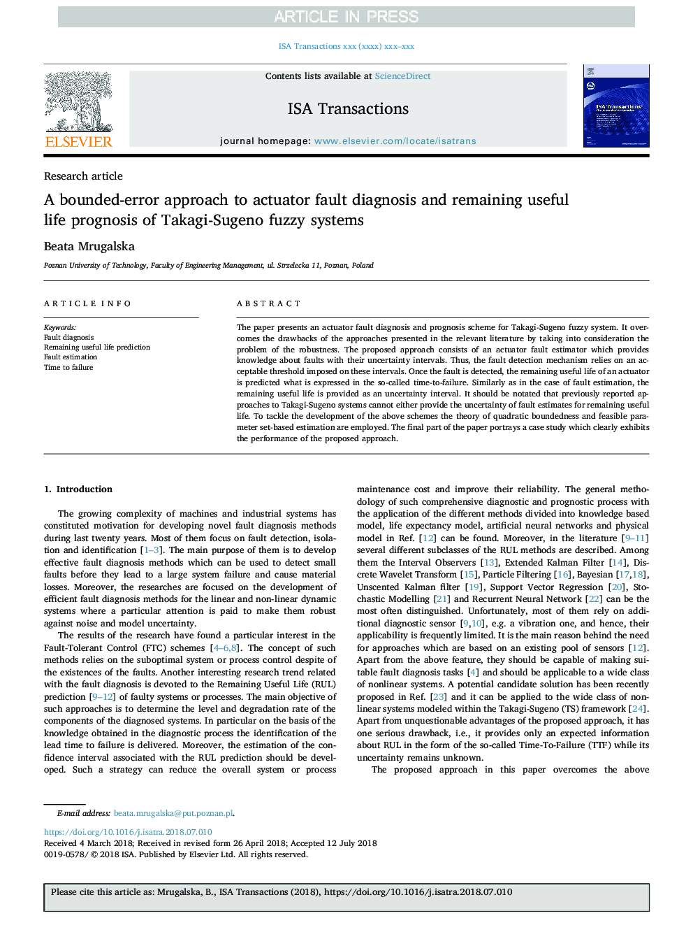 A bounded-error approach to actuator fault diagnosis and remaining useful life prognosis of Takagi-Sugeno fuzzy systems