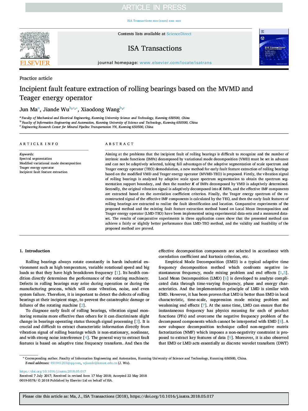 Incipient fault feature extraction of rolling bearings based on the MVMD and Teager energy operator