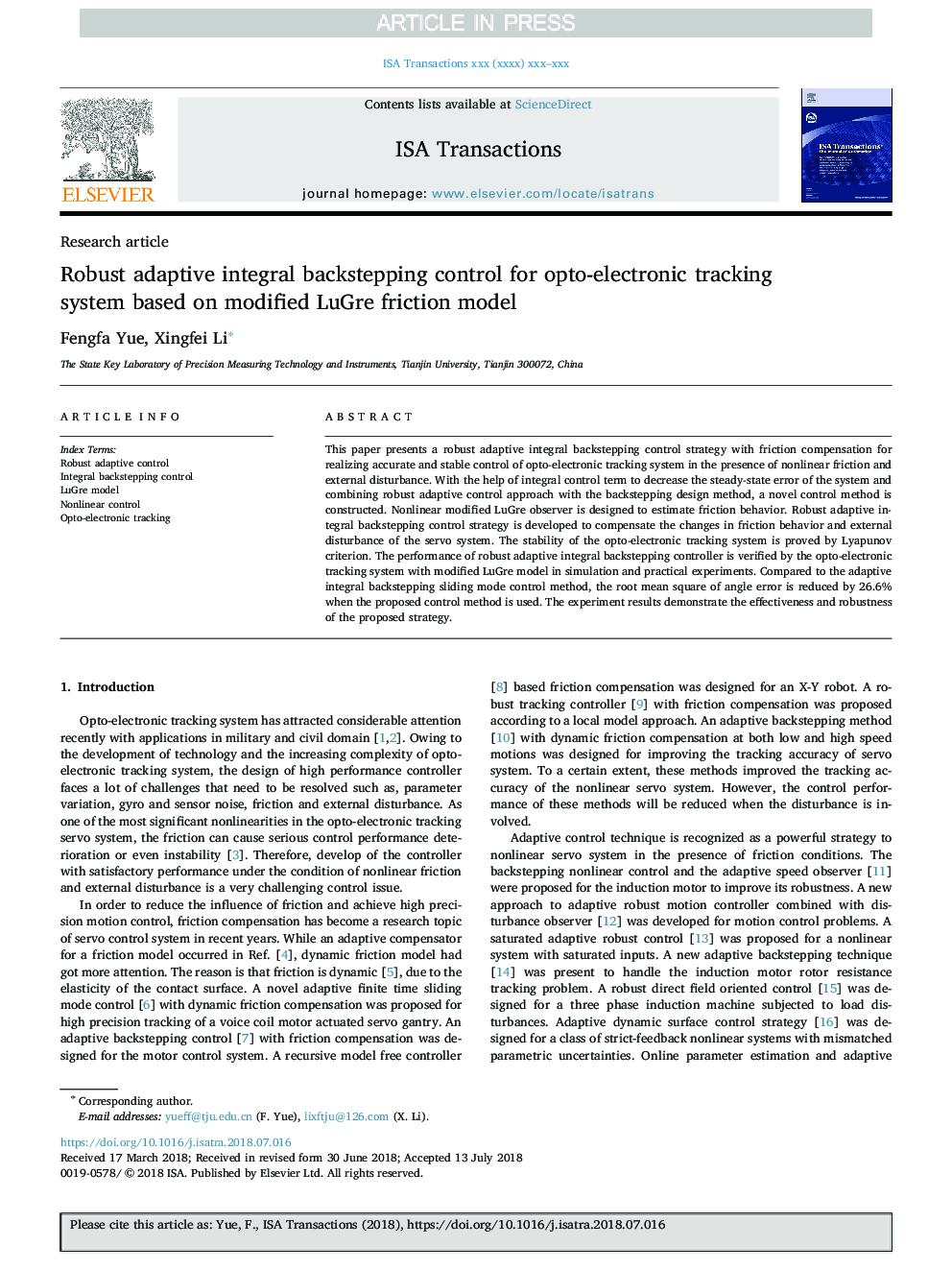 Robust adaptive integral backstepping control for opto-electronic tracking system based on modified LuGre friction model