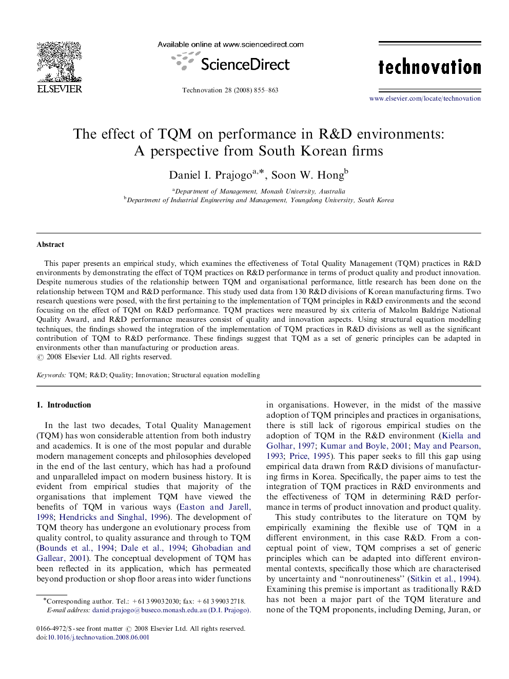 The effect of TQM on performance in R&D environments: A perspective from South Korean firms