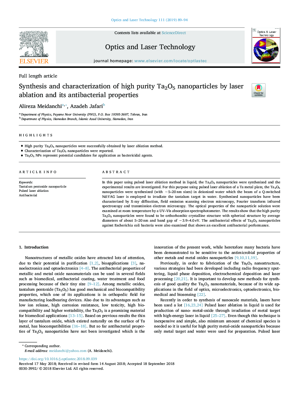 Synthesis and characterization of high purity Ta2O5 nanoparticles by laser ablation and its antibacterial properties