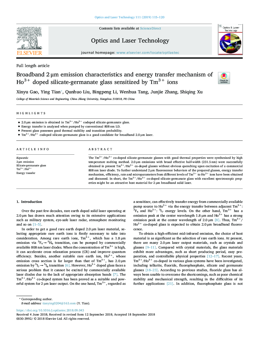 Broadband 2â¯Î¼m emission characteristics and energy transfer mechanism of Ho3+ doped silicate-germanate glass sensitized by Tm3+ ions