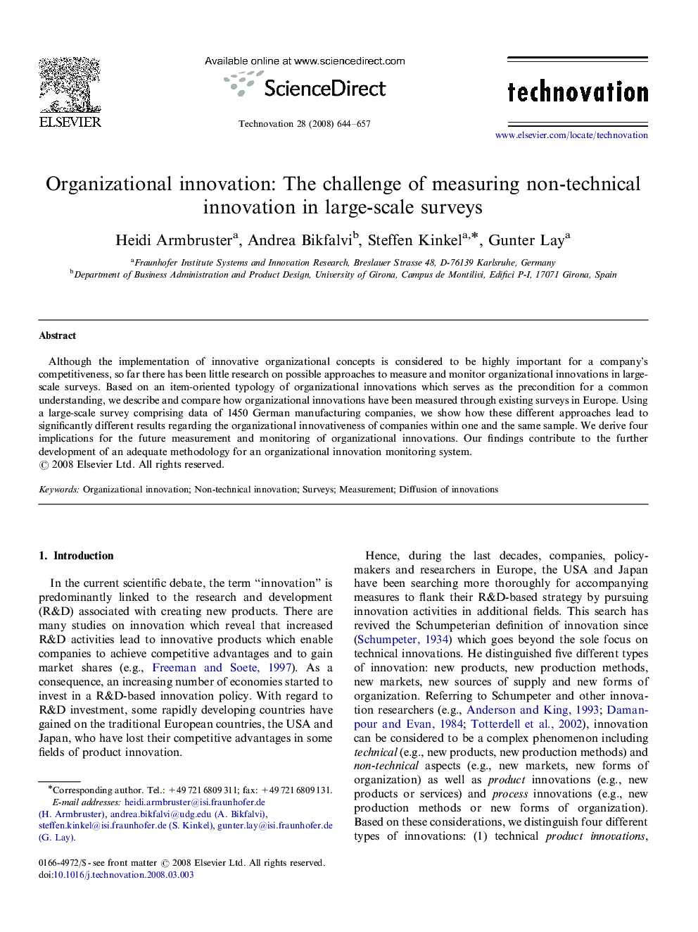 Organizational innovation: The challenge of measuring non-technical innovation in large-scale surveys