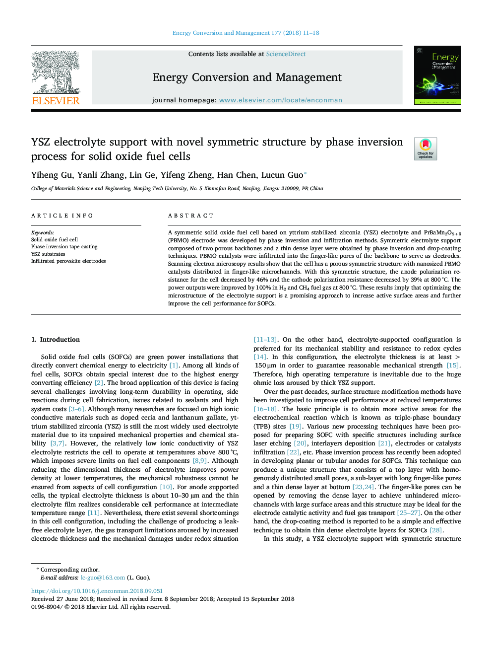 YSZ electrolyte support with novel symmetric structure by phase inversion process for solid oxide fuel cells