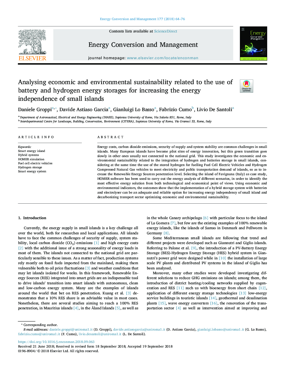 Analysing economic and environmental sustainability related to the use of battery and hydrogen energy storages for increasing the energy independence of small islands