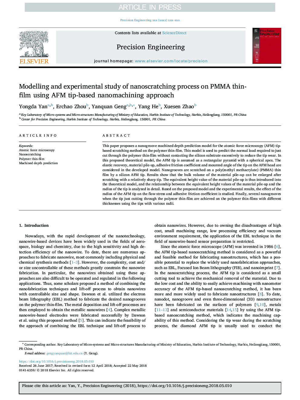 Modelling and experimental study of nanoscratching process on PMMA thin-film using AFM tip-based nanomachining approach