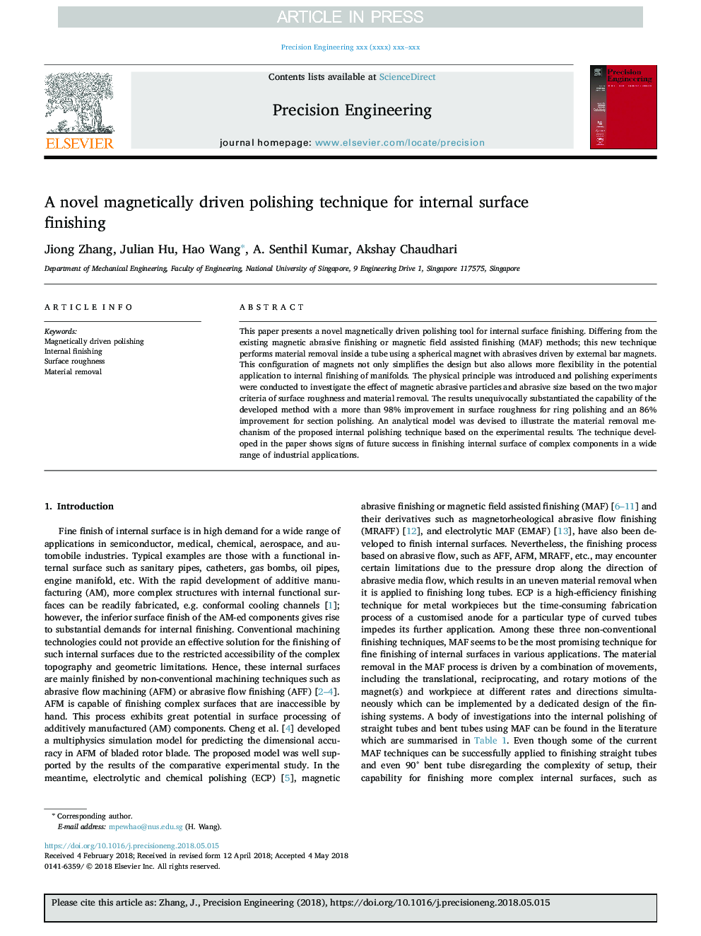 A novel magnetically driven polishing technique for internal surface finishing