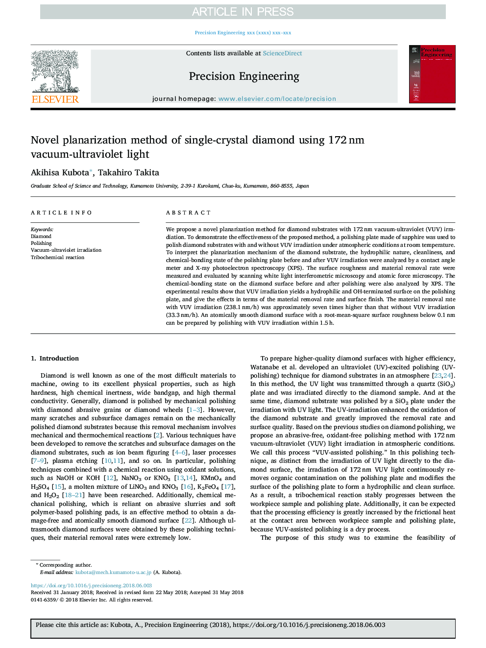 Novel planarization method of single-crystal diamond using 172â¯nm vacuum-ultraviolet light