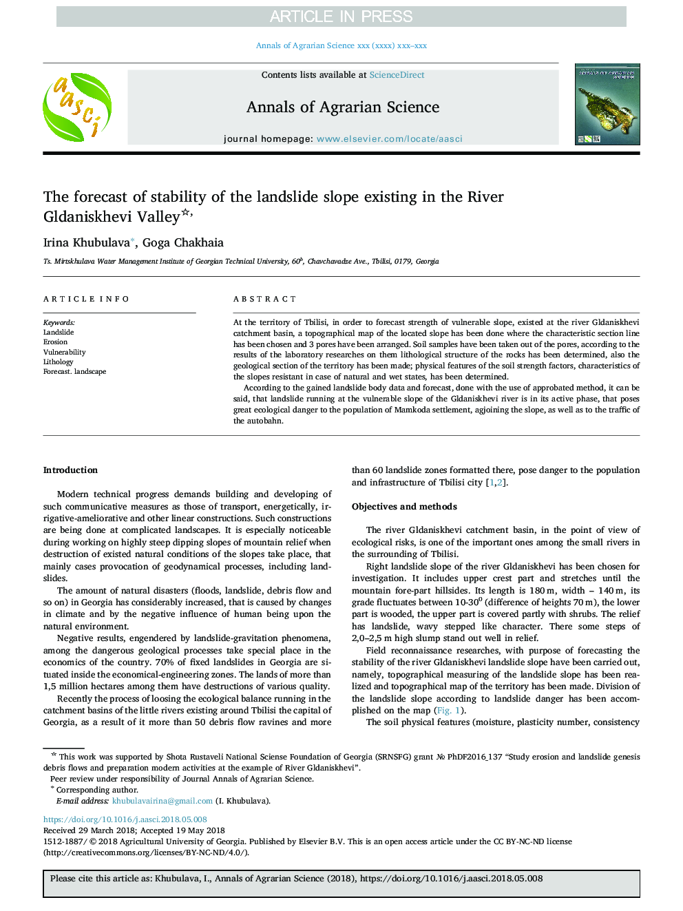 The forecast of stability of the landslide slope existing in the River Gldaniskhevi Valley