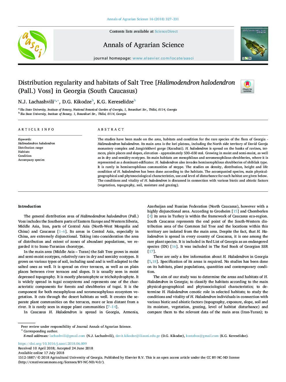 Distribution regularity and habitats of Salt Tree [Halimodendron halodendron (Pall.) Voss] in Georgia (South Caucasus)