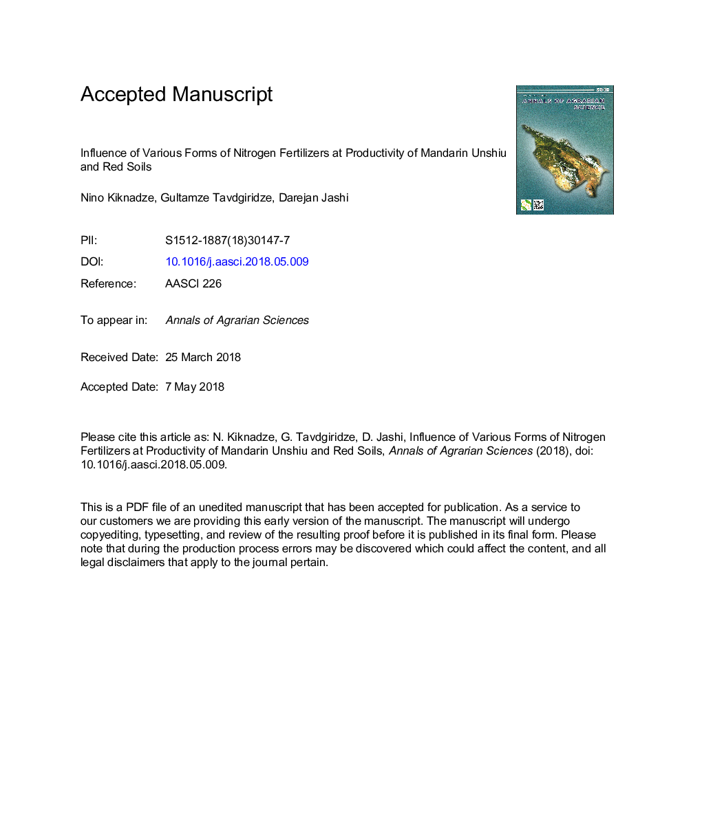 Influence of various forms of nitrogen fertilizers at productivity of mandarin Unshiu and red soils