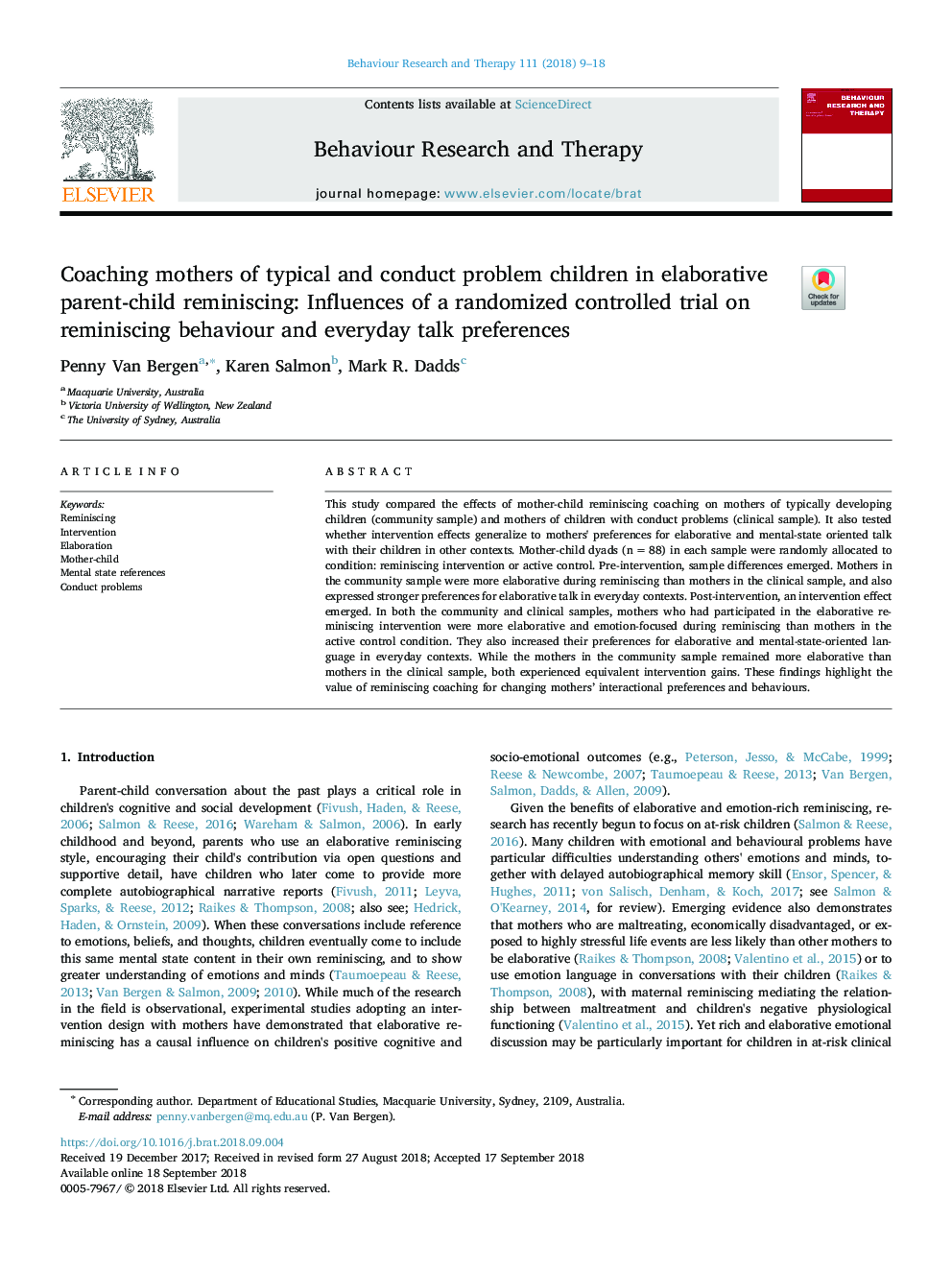 Coaching mothers of typical and conduct problem children in elaborative parent-child reminiscing: Influences of a randomized controlled trial on reminiscing behaviour and everyday talk preferences