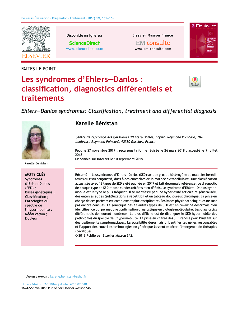 Les syndromes d'Ehlers-DanlosÂ : classification, diagnostics différentiels et traitements
