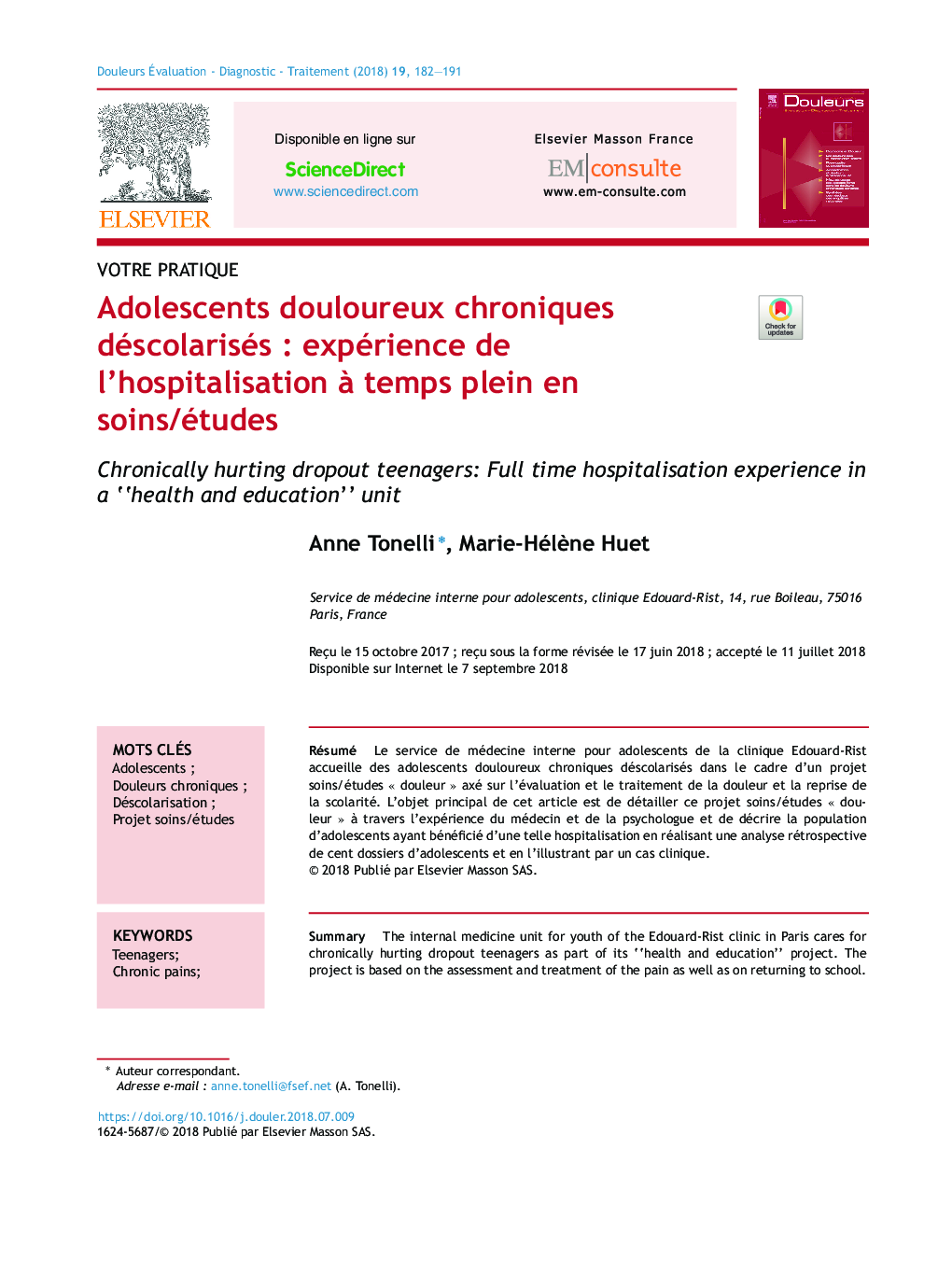 Adolescents douloureux chroniques déscolarisésÂ : expérience de l'hospitalisation Ã  temps plein en soins/études