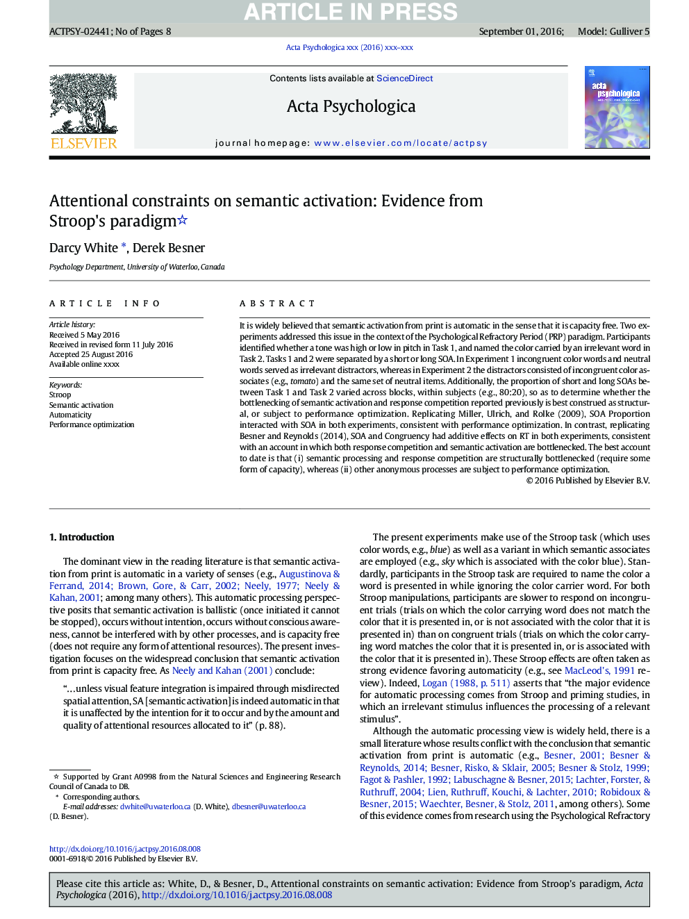 Attentional constraints on semantic activation: Evidence from Stroop's paradigm