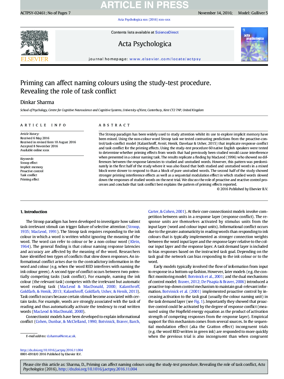 Priming can affect naming colours using the study-test procedure. Revealing the role of task conflict