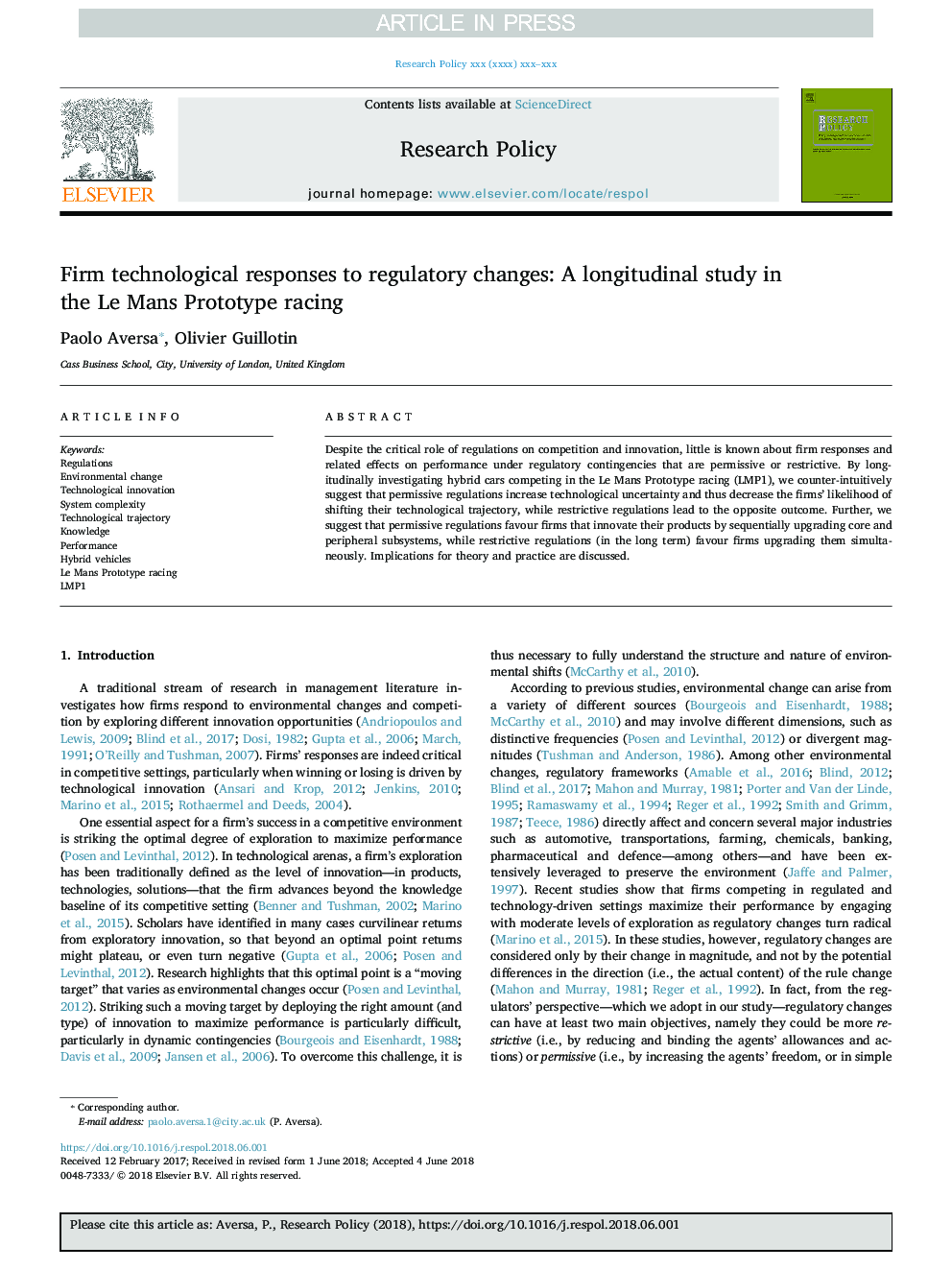 Firm technological responses to regulatory changes: A longitudinal study in the Le Mans Prototype racing