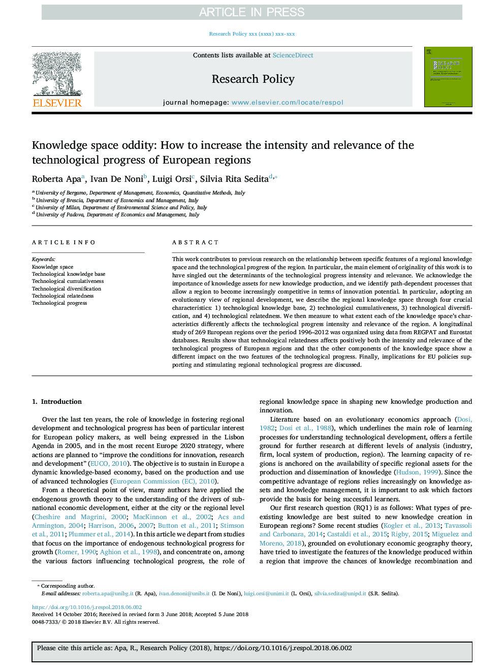 Knowledge space oddity: How to increase the intensity and relevance of the technological progress of European regions