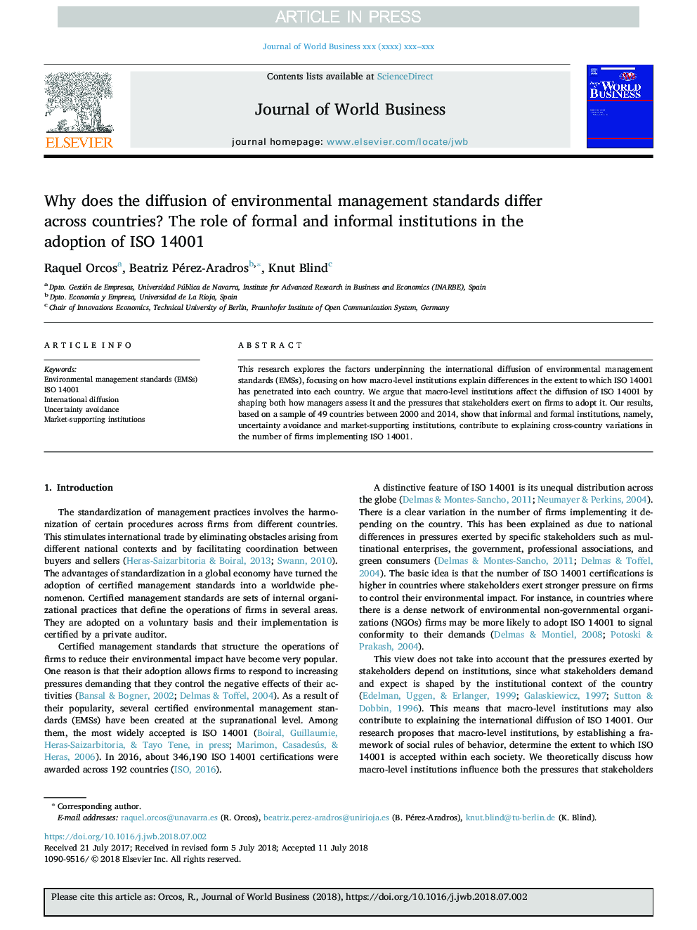 Why does the diffusion of environmental management standards differ across countries? The role of formal and informal institutions in the adoption of ISO 14001