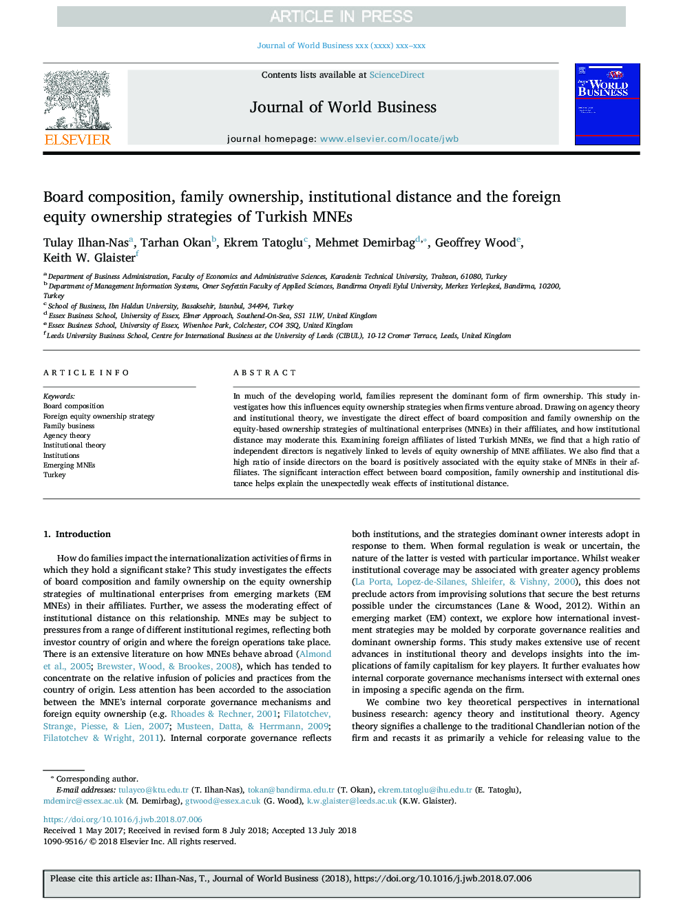 Board composition, family ownership, institutional distance and the foreign equity ownership strategies of Turkish MNEs