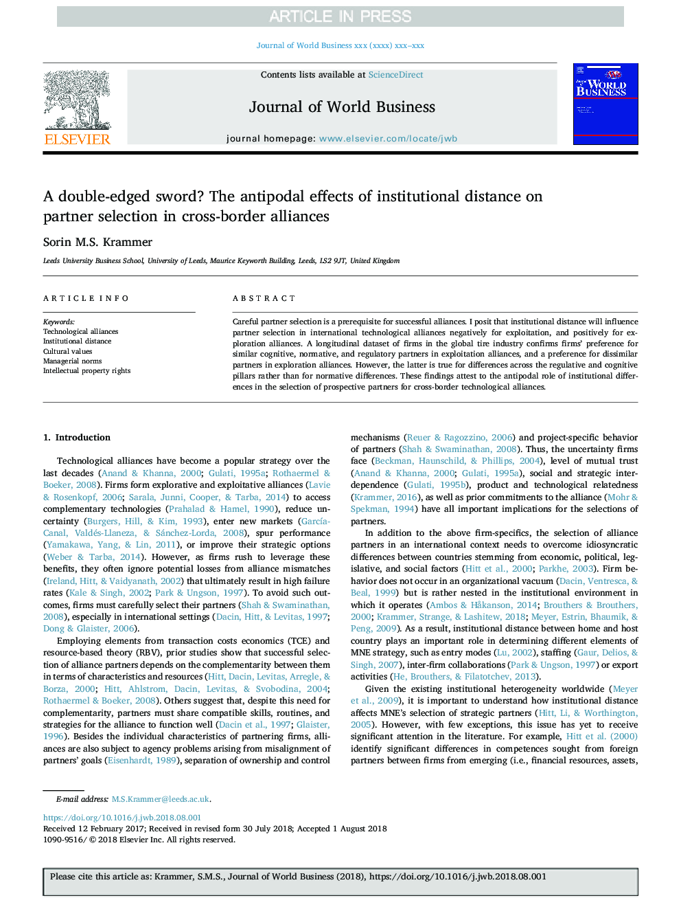 A double-edged sword? The antipodal effects of institutional distance on partner selection in cross-border alliances