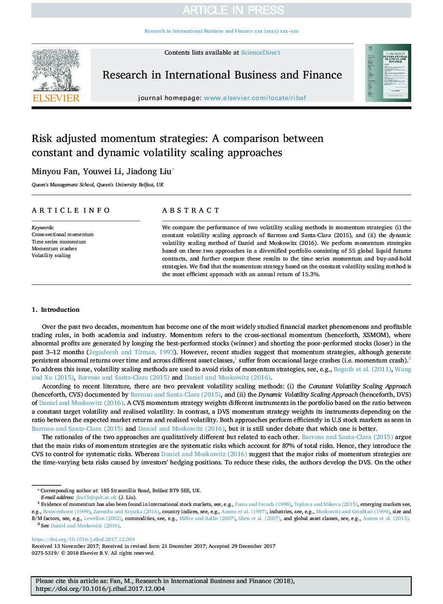 Risk adjusted momentum strategies: A comparison between constant and dynamic volatility scaling approaches