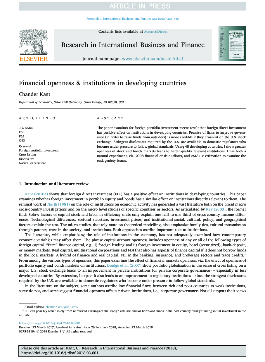 Financial openness & institutions in developing countries