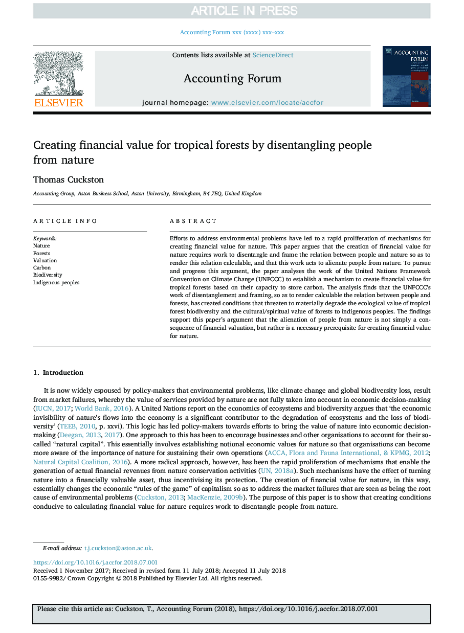 Creating financial value for tropical forests by disentangling people from nature