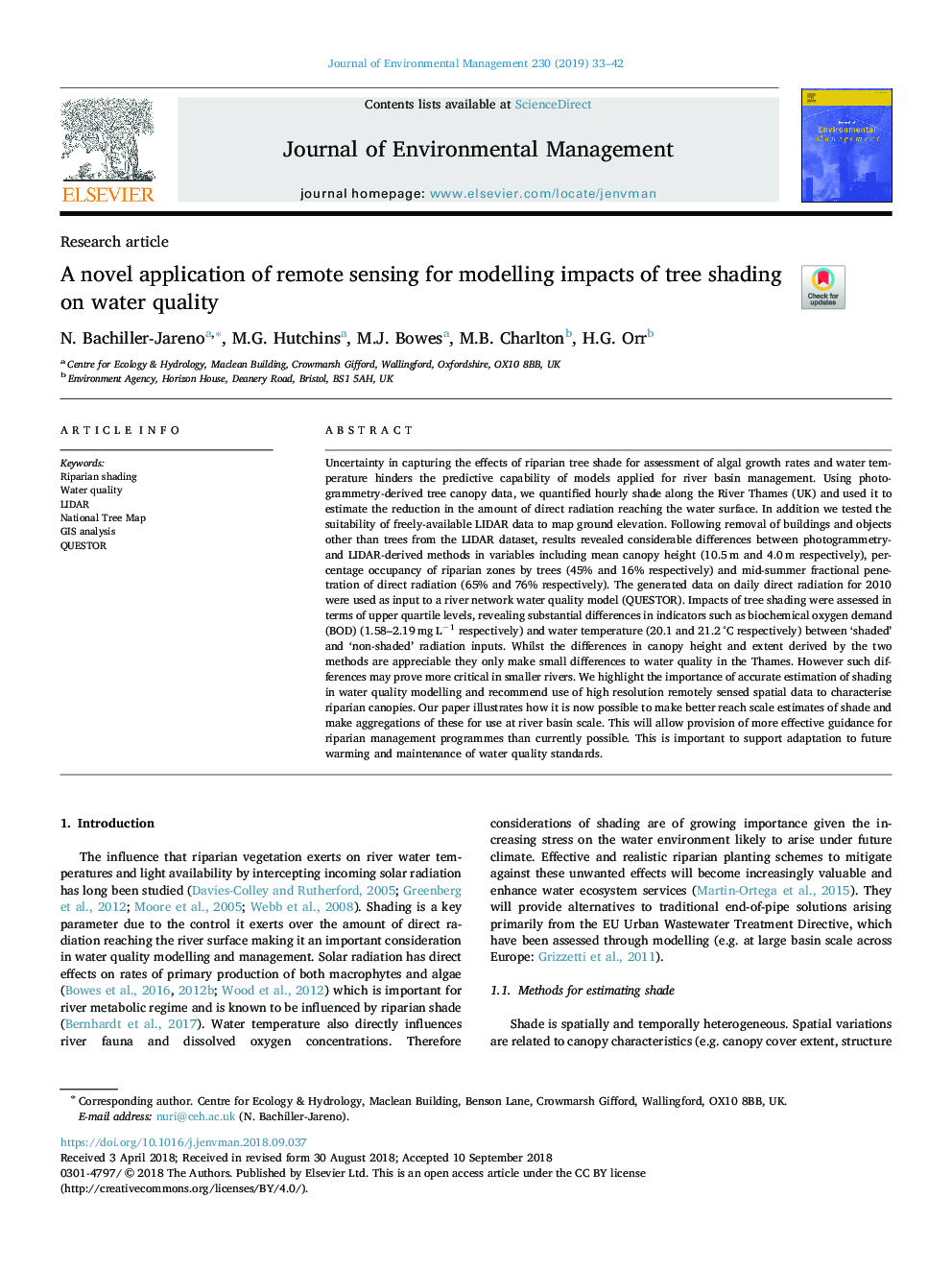 A novel application of remote sensing for modelling impacts of tree shading on water quality