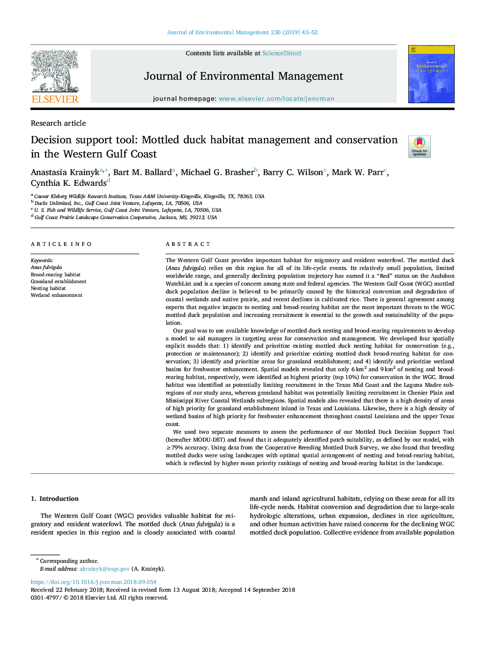 Decision support tool: Mottled duck habitat management and conservation in the Western Gulf Coast