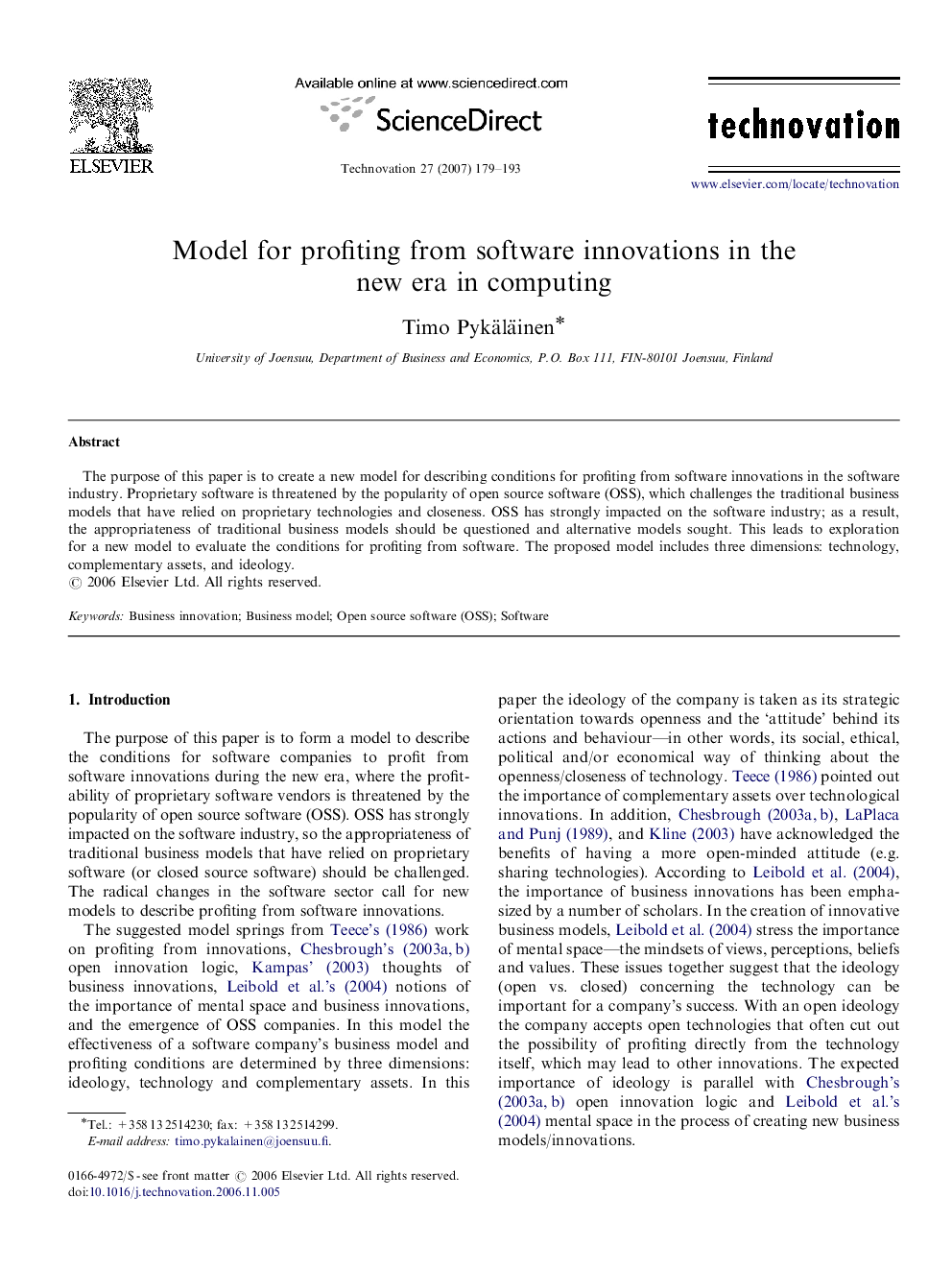 Model for profiting from software innovations in the new era in computing