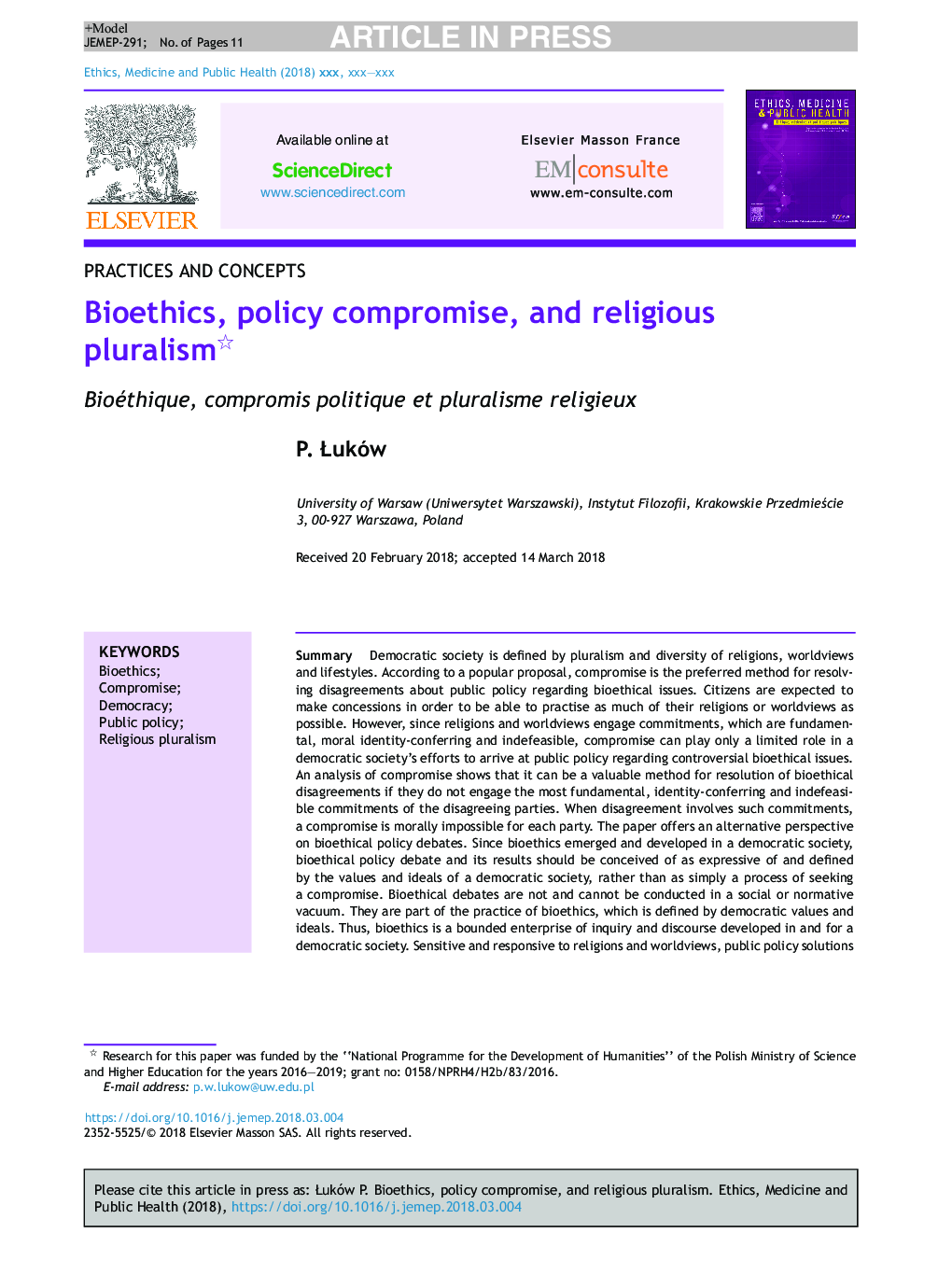 Bioethics, policy compromise, and religious pluralism