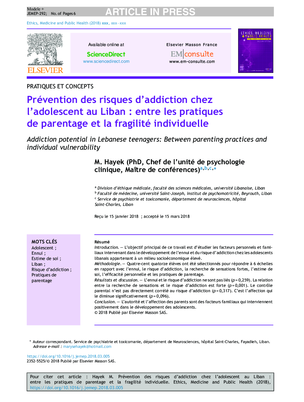 Prévention des risques d'addiction chez l'adolescent au LibanÂ : entre les pratiques de parentage et la fragilité individuelle