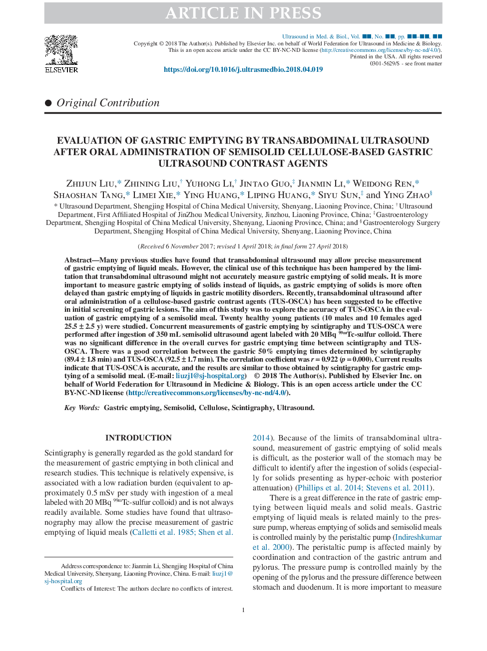 Evaluation of Gastric Emptying by Transabdominal Ultrasound after Oral Administration of Semisolid Cellulose-Based Gastric Ultrasound Contrast Agents